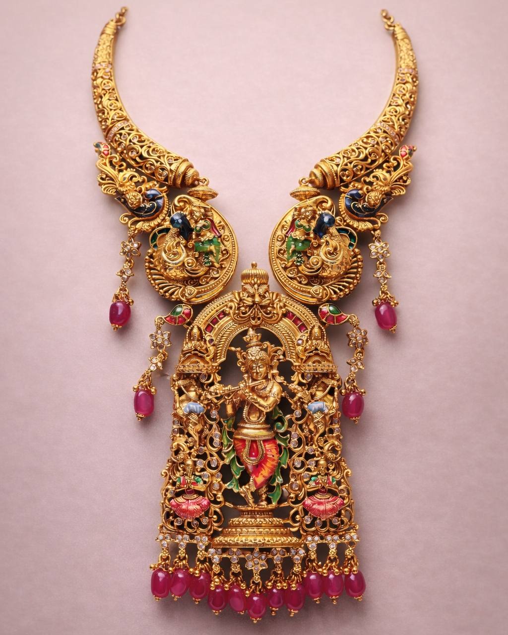 Sri Krishna Leela Meenakari Haram – Premium South Indian Temple Jewellery Set By Suwarnikaa Jewels