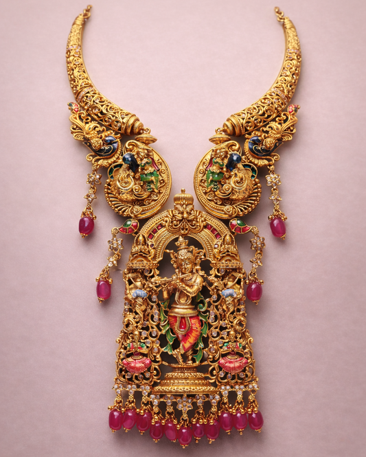Sri Krishna Leela Meenakari Haram – Premium South Indian Temple Jewellery Set By Suwarnikaa Jewels