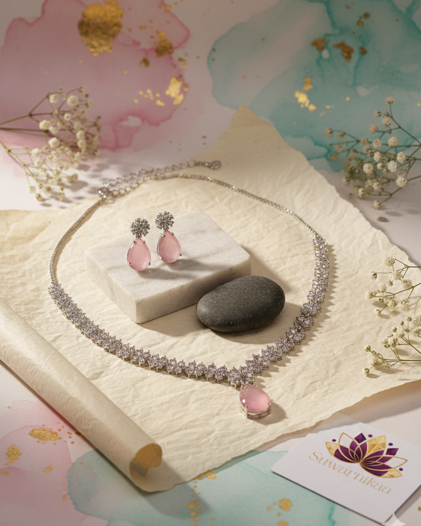 Suwarnikaa's Aurora Pink American Diamond Set