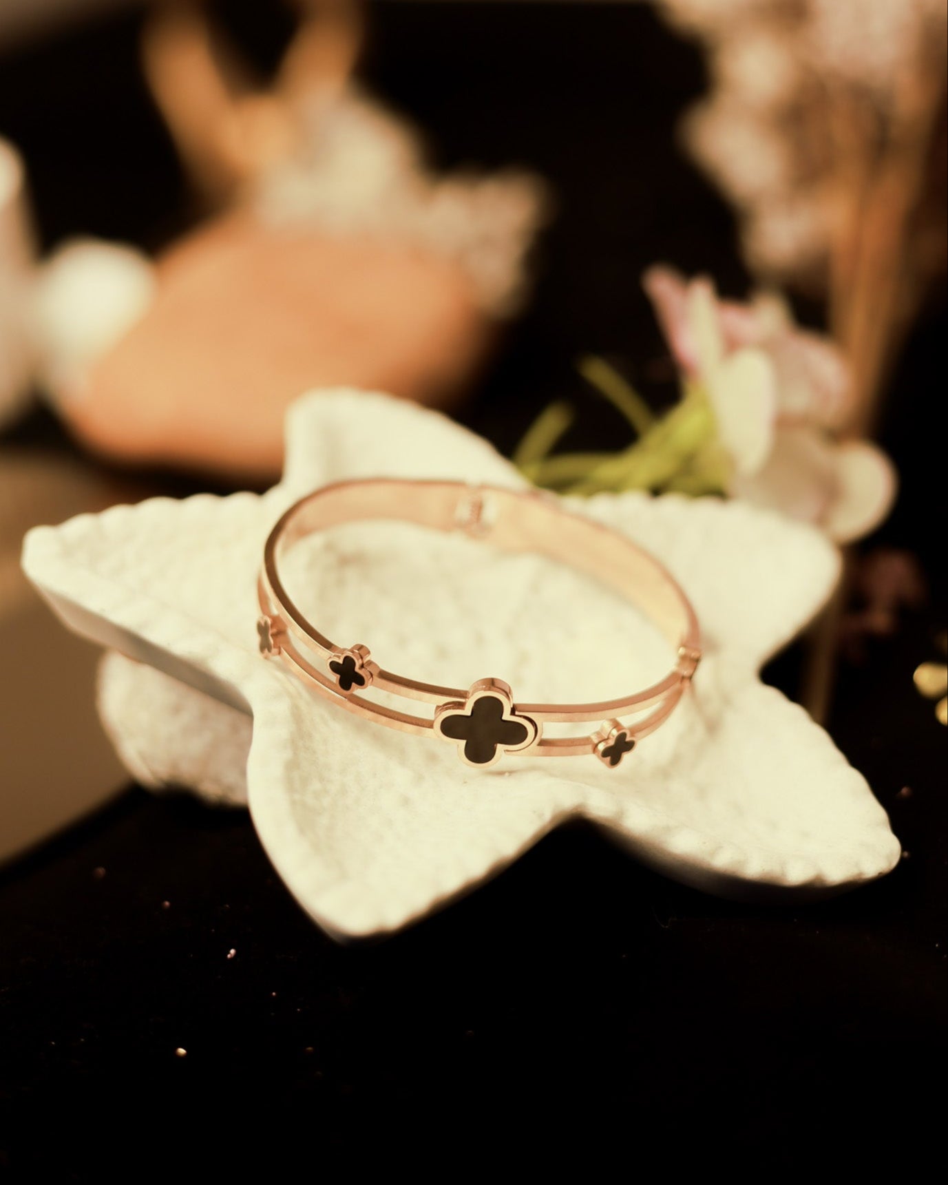 Suwarnikaa's Midnight Clover Bracelet (Anti Tarnish & Rose Gold Polish)