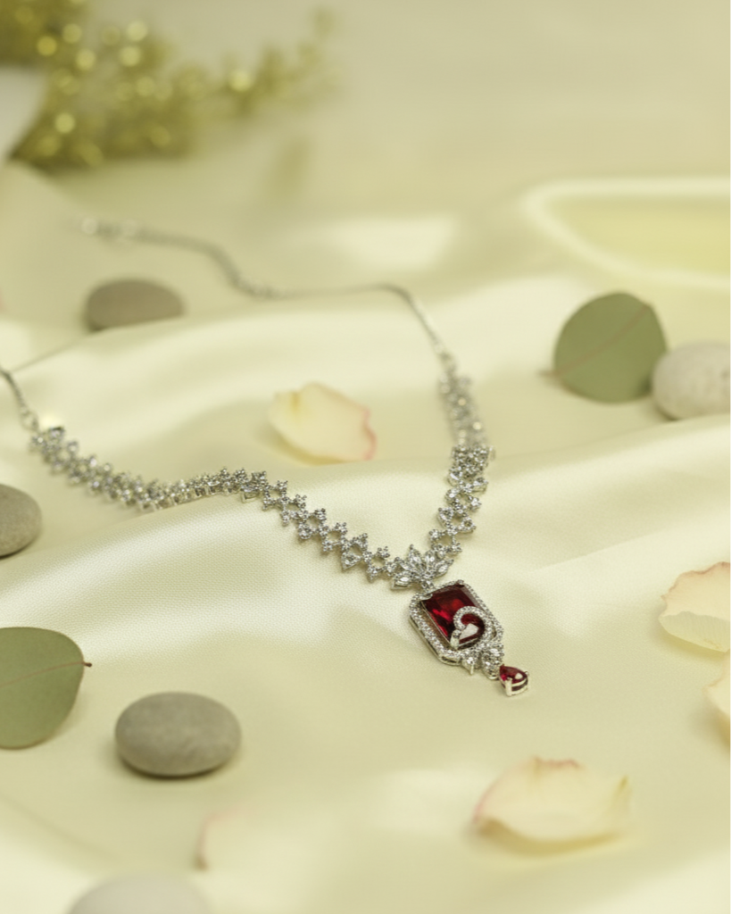 Suwarnikaa’s Red Majesty American Diamond Necklace set