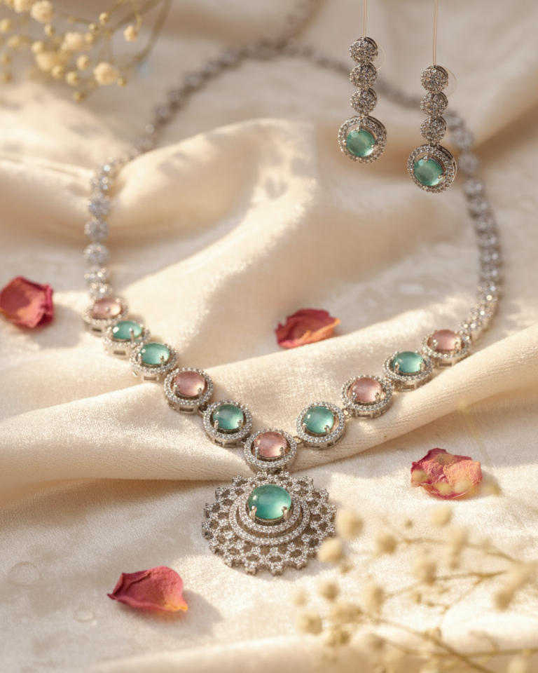 Suwarnikaa’s Twilight Bloom ;American Diamond Necklace