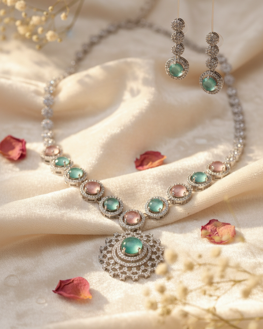 Suwarnikaa’s Twilight Bloom ;American Diamond Necklace