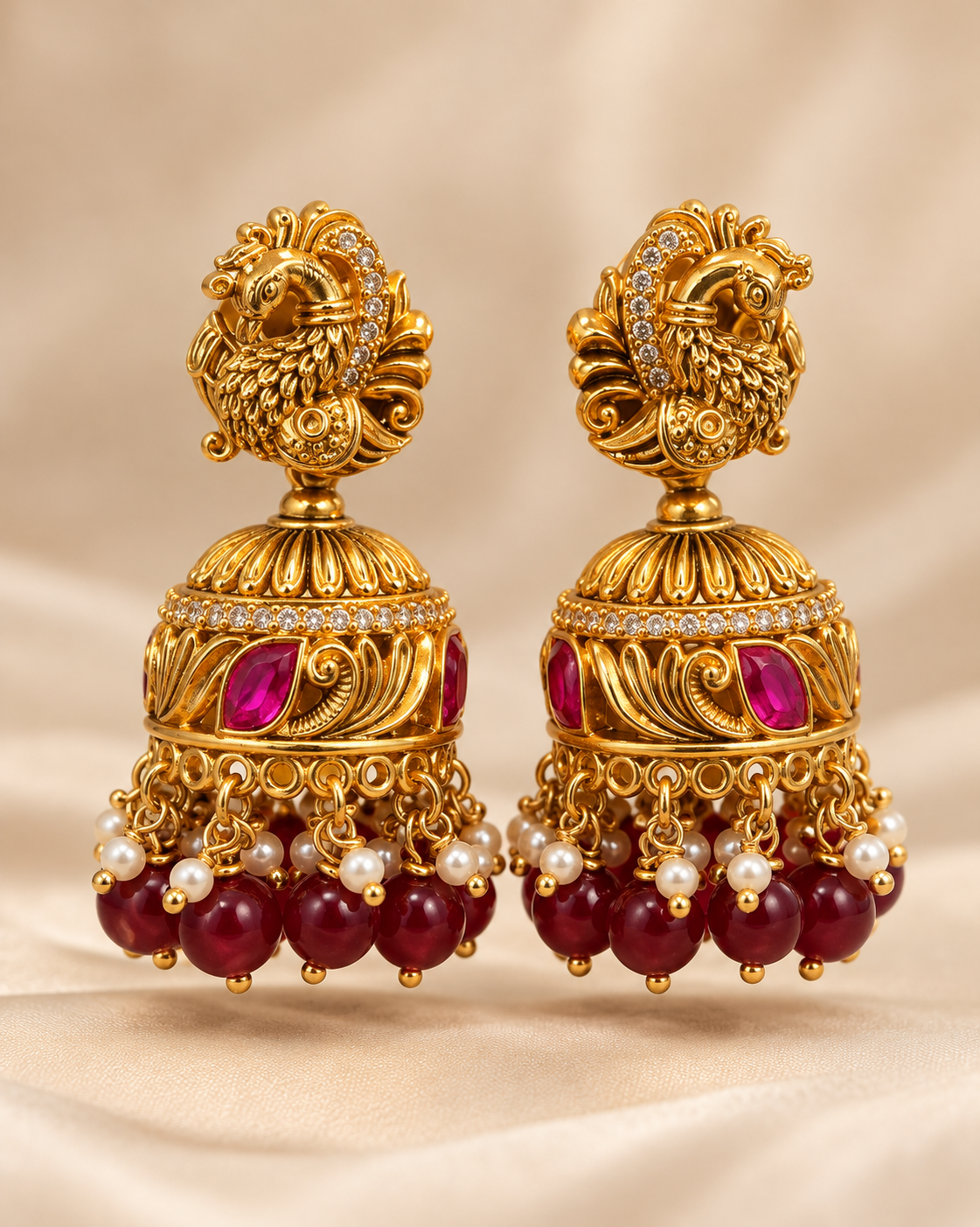 Mayura RubyJadav Jhumkas premium Gold Polished Earings by Suwarnikaa jewels
