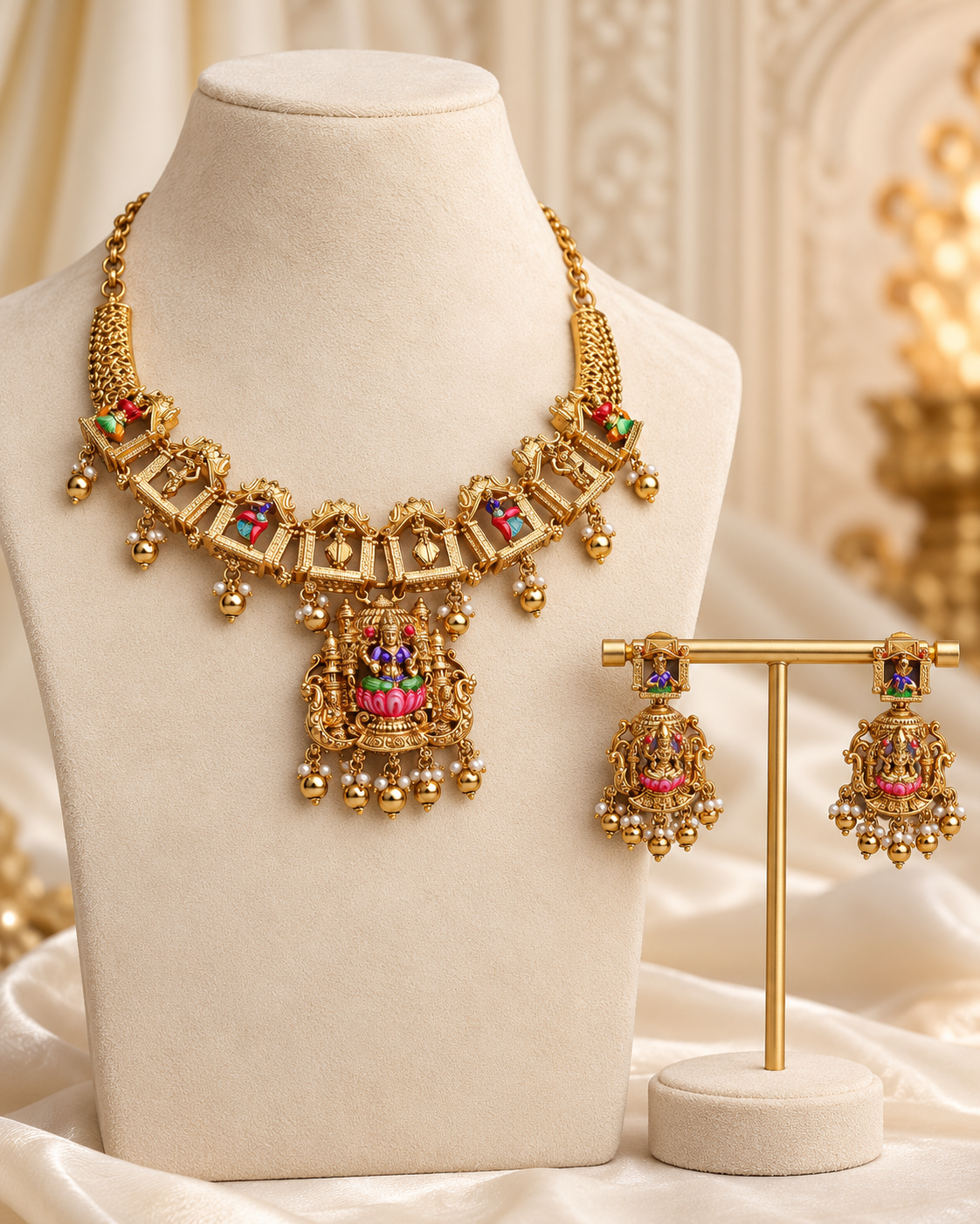 Natya Mayuri meenakari Temple Necklace Set  by suwarnikaa jewels