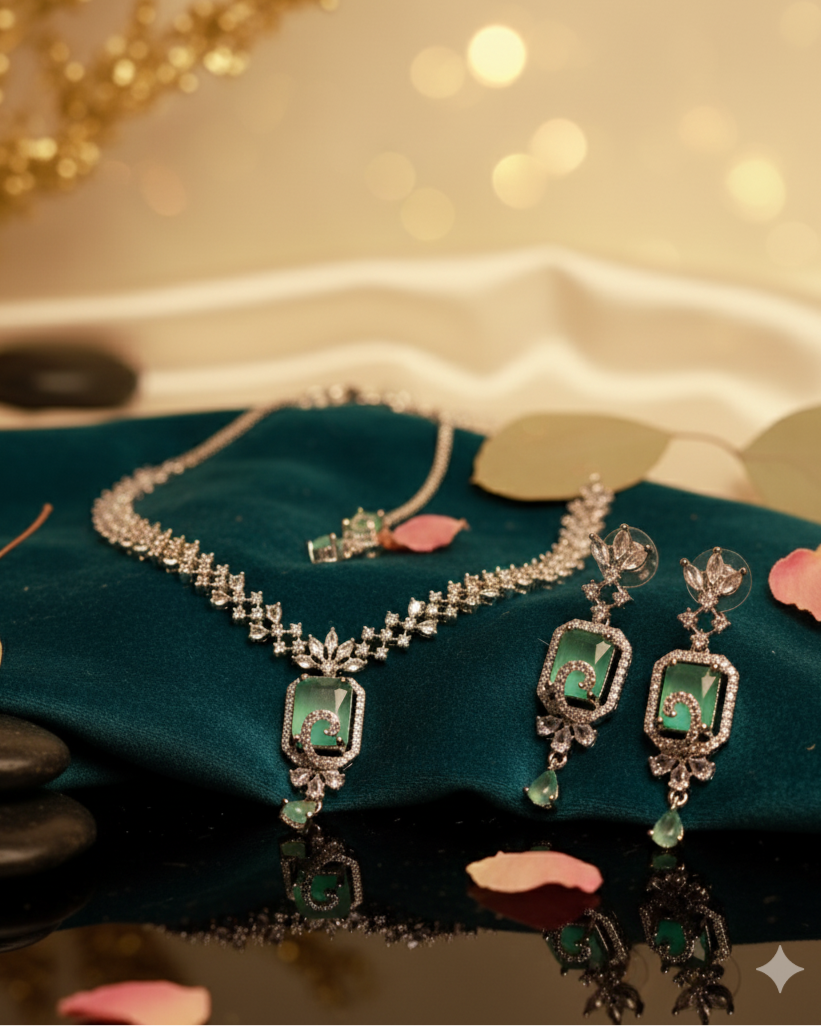 Suwarnikaa’s Green Majesty American Diamond Necklace set