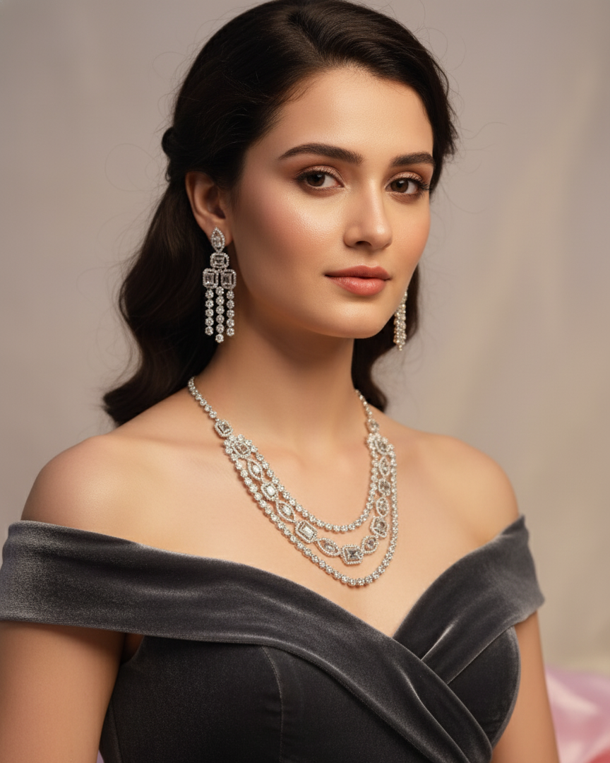 White Scarlet Glow by Suwarnikaa Jewels American Diamond Necklace Set