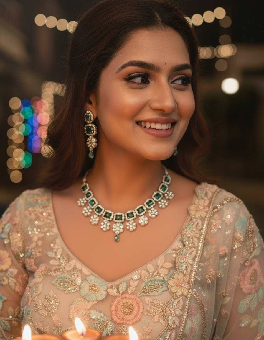 Ishq  Green by  Suwarnikaa Jewels Premium American Diamond Necklace Set