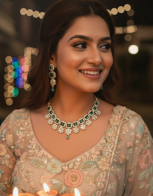 Ishq  Green by  Suwarnikaa Jewels Premium American Diamond Necklace Set