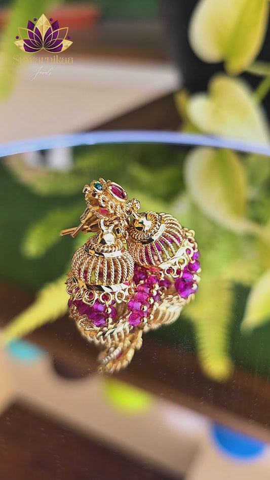 Lohita Shobha white pearl Jhumkalu premium Gold Polished Earings by Suwarnikaa jewels