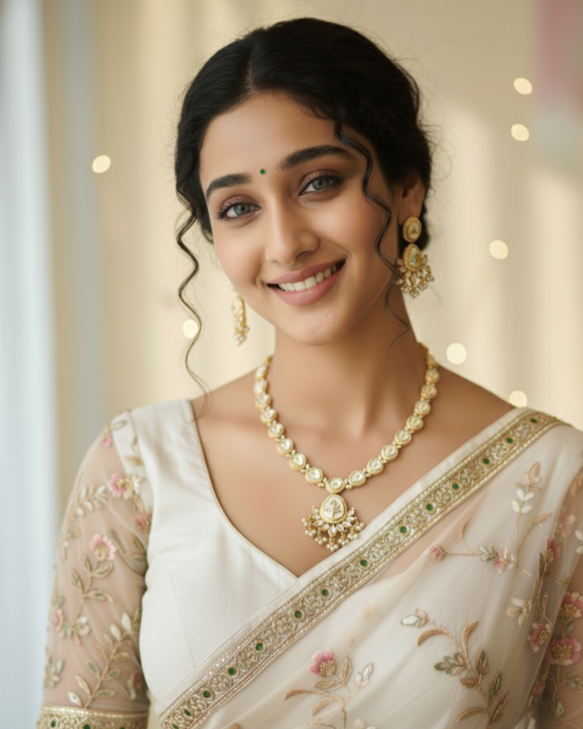 Suwarnikaa’s Rajakumari Moissanite & Kundan Premium Necklace Set