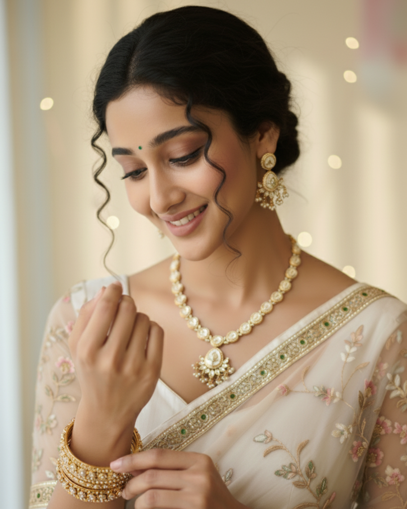 Suwarnikaa’s Rajakumari Moissanite & Kundan Premium Necklace Set