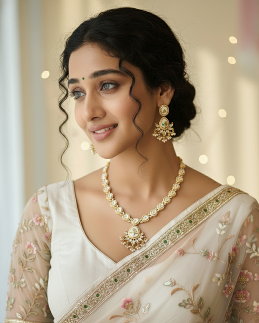 Suwarnikaa’s Rajakumari Moissanite & Kundan Premium Necklace Set