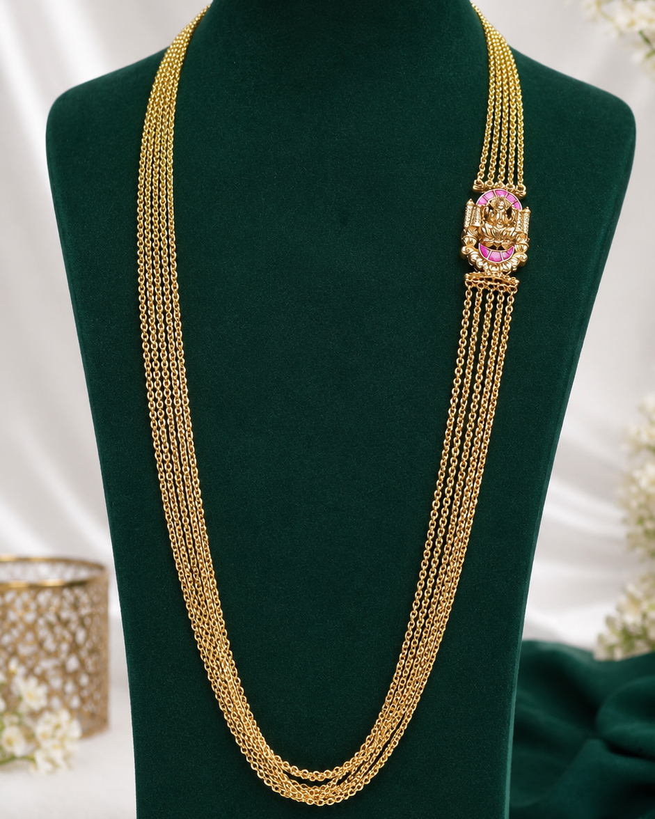 Mahalakshmi Ratna Ruby  Chandra Haram(30"- 5 Line) – Premium Multi-Layer Gold Finish Long Chain Necklace By Suwarnikaa Jewels