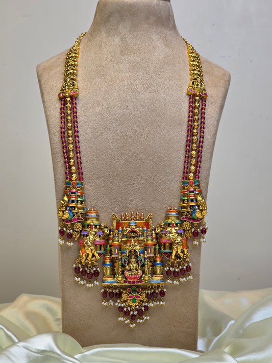 Aishwarya Lakshmi Temple Meenakari Haram  (Ruby) - (Premium Masterpiece Edition) – By Suwarnikaa Jewels