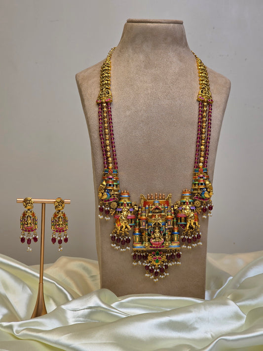Aishwarya Lakshmi Temple Meenakari Haram  (Ruby) - (Premium Masterpiece Edition) – By Suwarnikaa Jewels