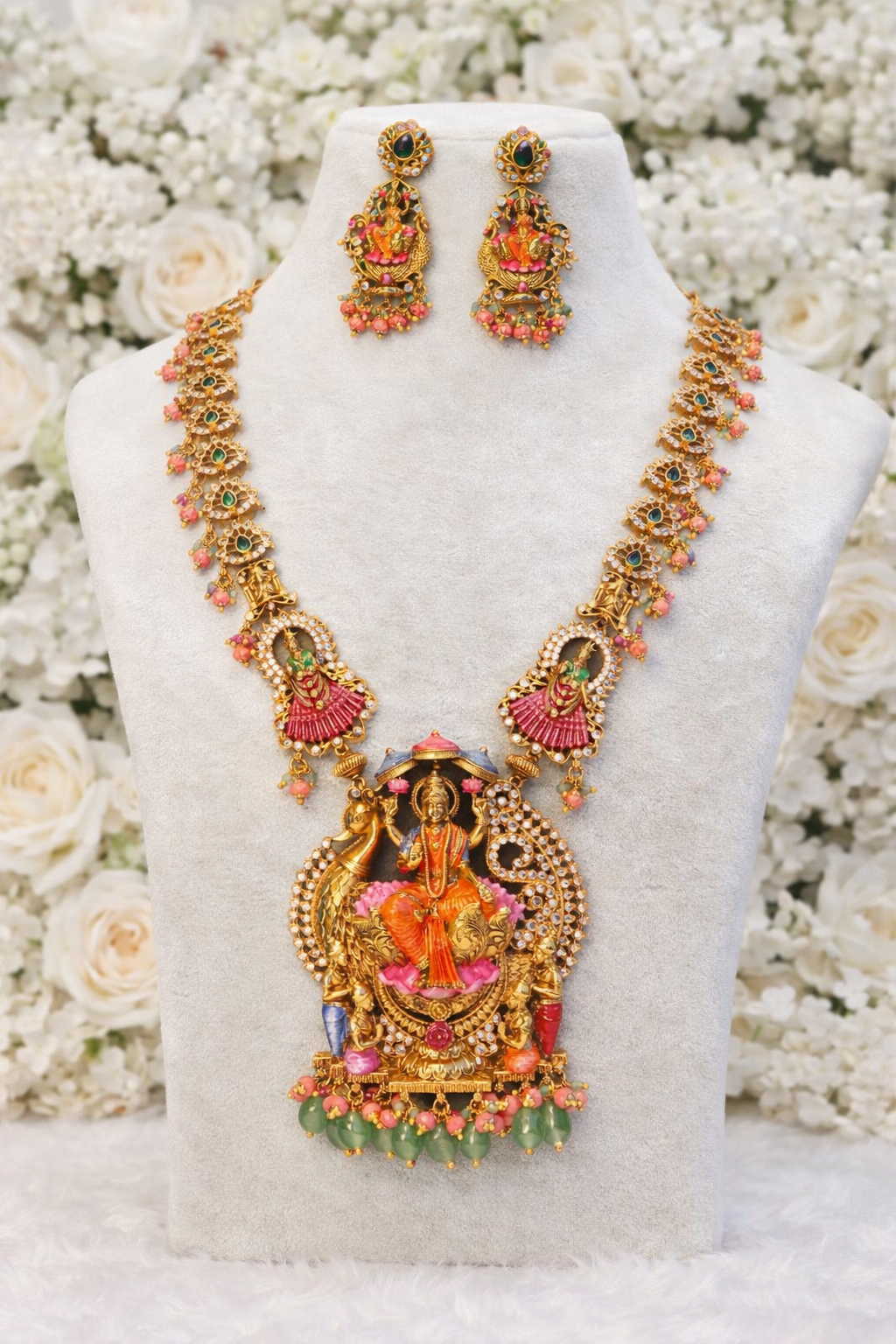 Hamsa Vahana Lakshmidevi Meenakari Haram with Pink Beets – Premium South Indian Meenakari Temple Jewellery Set By Suwarnikaa Jewels